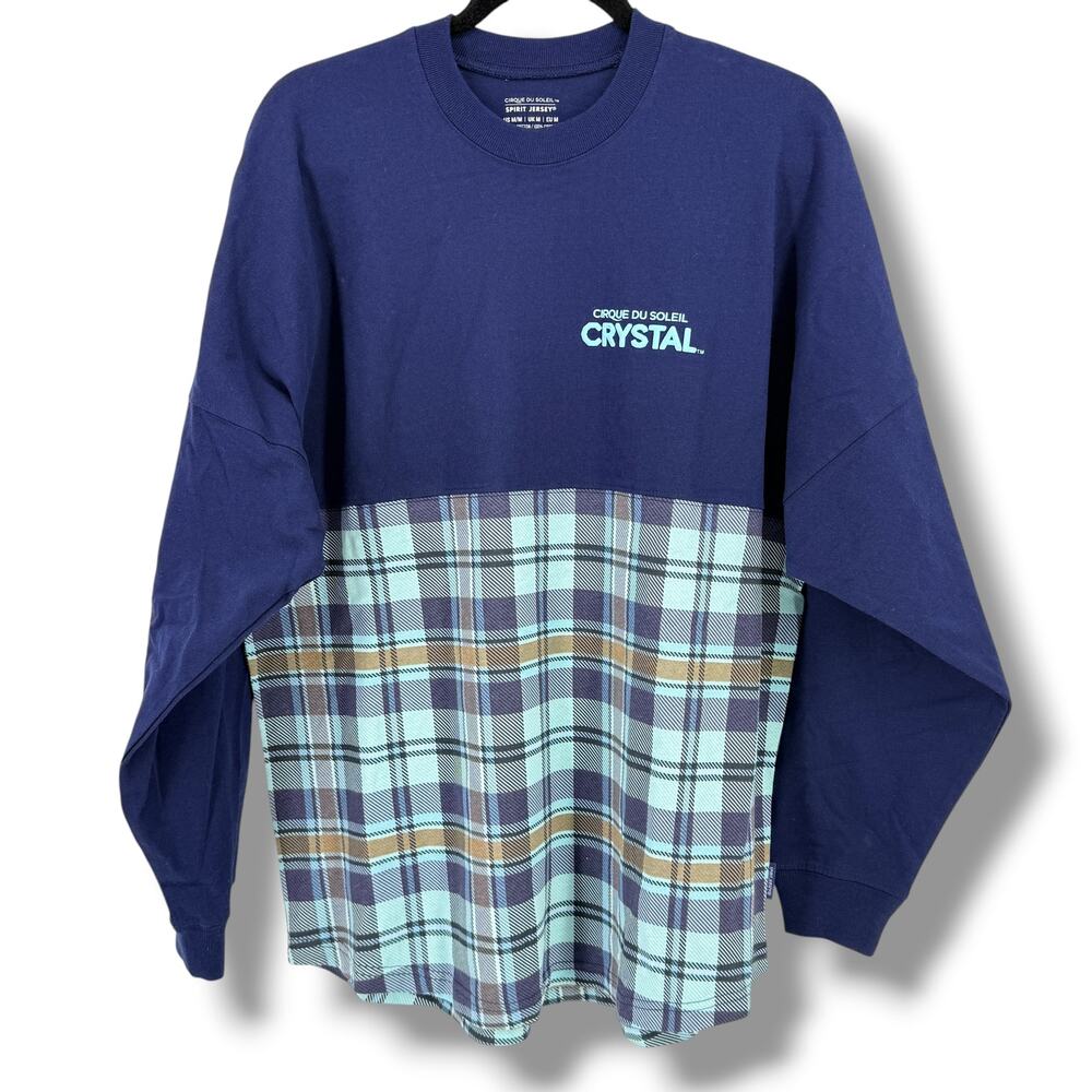 Cirque du Soleil Crystal Spirit Jersey Plaid Colorblock Shirt Womens Sz M Blue